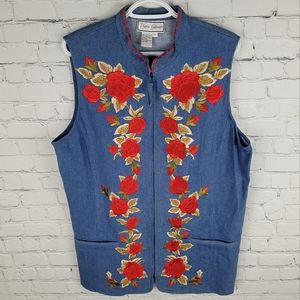 DIANE GILMAN | denim jean embroidered rose zip vest